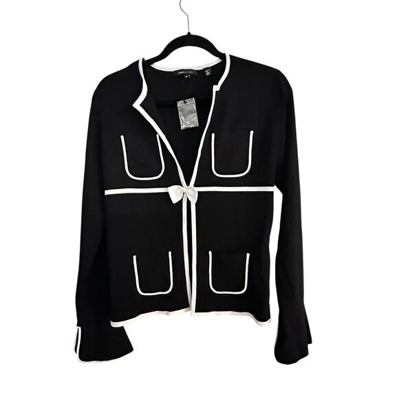 BCBGMaxazria Womens Black White Long Sleeve Bow Trimmed Cardigan Sweater Size M - Picture 1 of 7